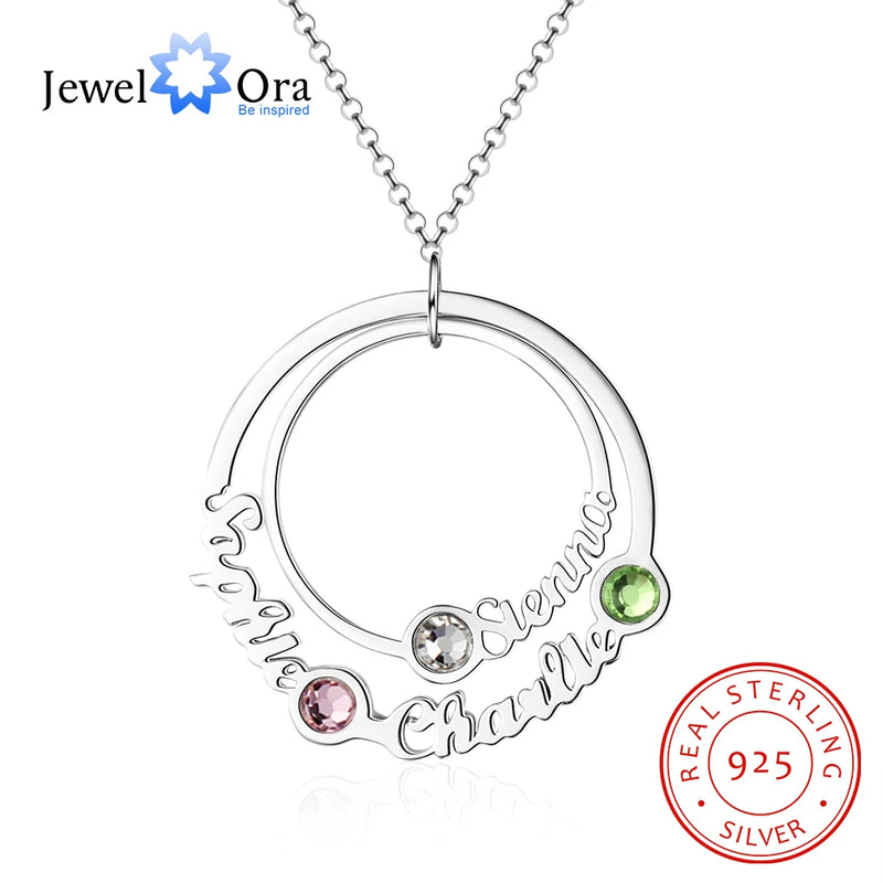 Personalized Name Circle Necklace with Birthstones - Family Gift