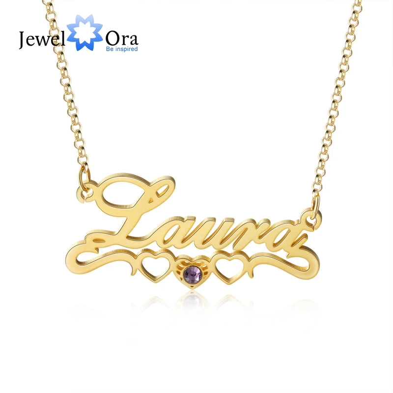 JewelOra 925 Silver Name Necklace with 2 Hearts Birthstone Personalized Pendant