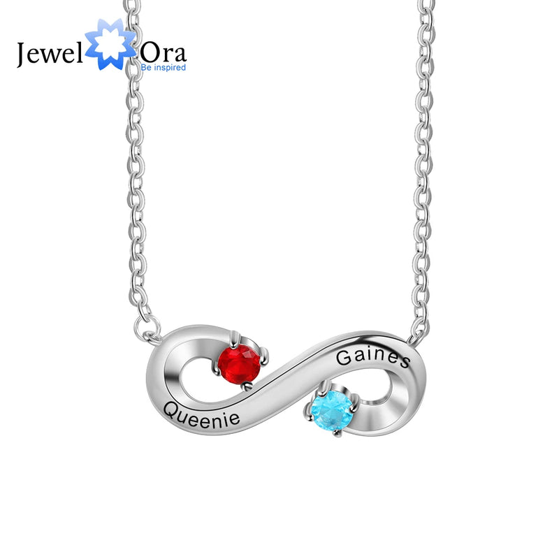 Personalized Infinity Necklace with 2 Birthstones - Engraved Name