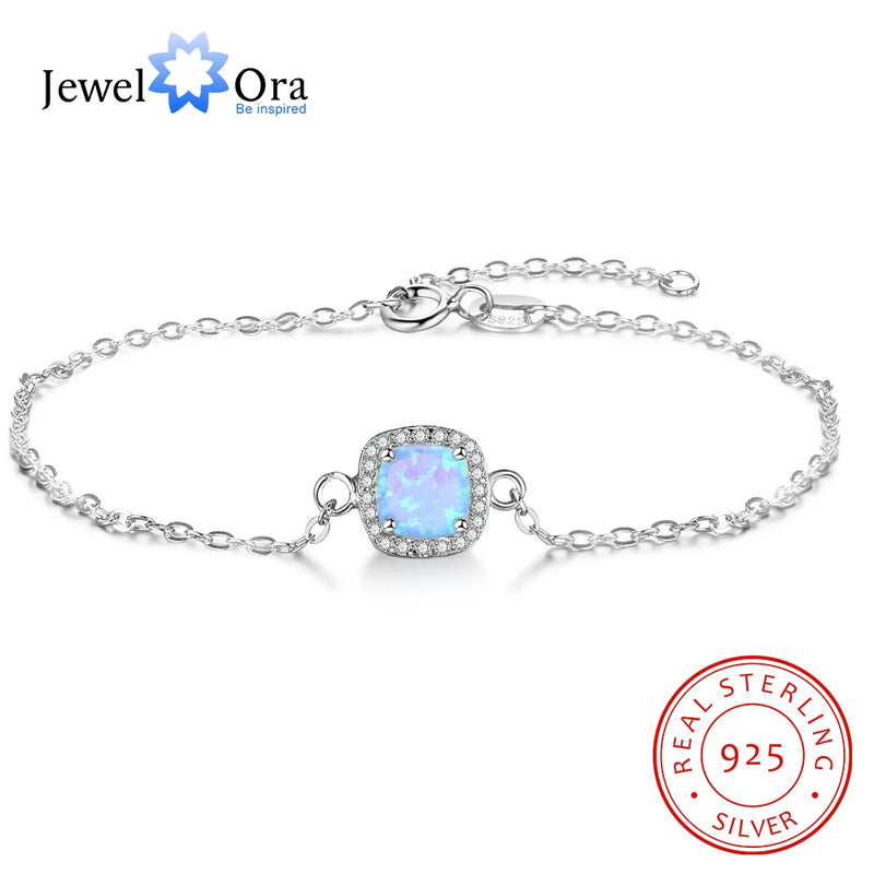 JewelOra Square Opal Bracelet with CZ Chain - 925 Sterling Silver
