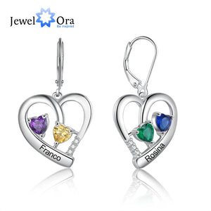 Personalized Heart Earrings with Birthstones & Engraved Name for Women
