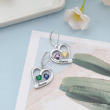 Personalized Heart Earrings with Birthstones & Engraved Name for Women