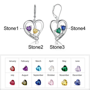 Personalized Heart Earrings with Birthstones & Engraved Name for Women