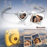 Personalized Heart Memory Photo Cuff Bangle for Women, Engraving Name Bracelet