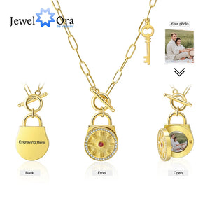 JewelOra Birthstone Lock & Key Engraved Necklace