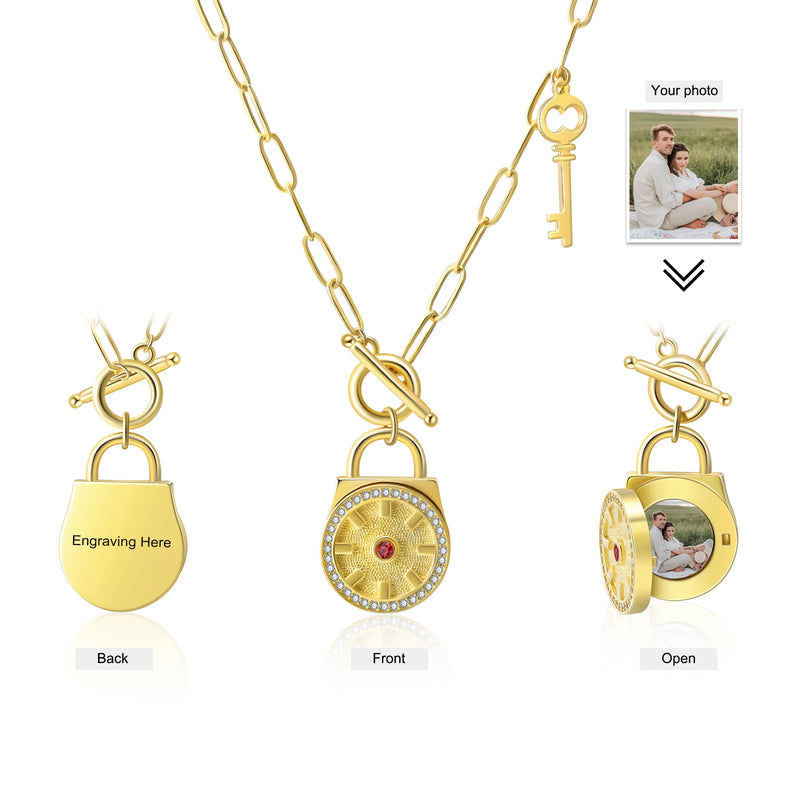 JewelOra Birthstone Lock & Key Engraved Necklace