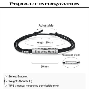 Personalized Name Engraved Bar Bracelet Adjustable Rope Chain for Men