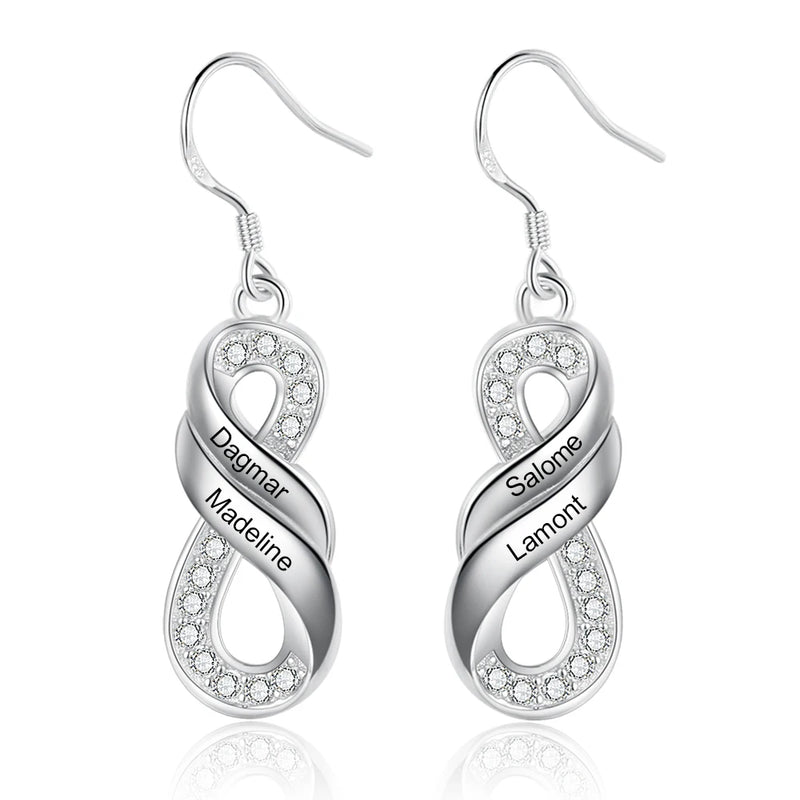 Personalized Family Names Infinity Earrings with Zirconia Drop Earrings