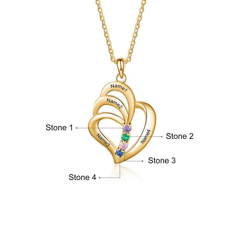 Engraved 4 Names Pendant Mother Necklace with Birthstone