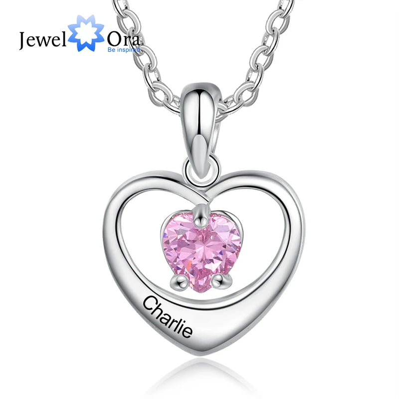 Personalized Heart Necklace with Birthstone & Name Engraving