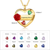 Personalized Mother Necklace with 2 Birthstones and Engraved Name Heart Pendant