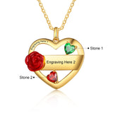 Personalized Mother Necklace with 2 Birthstones and Engraved Name Heart Pendant