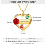 Personalized Mother Necklace with 2 Birthstones and Engraved Name Heart Pendant
