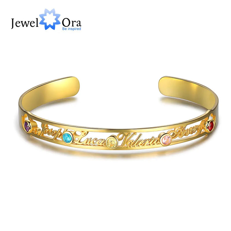 JewelOra Name Cuff Bangles for Women Personalized 5 Birthstone Bracelets