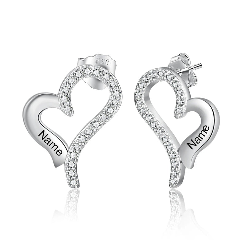 Personalized Name Engraved Heart Stud Earrings with CZ - Birthday Gift