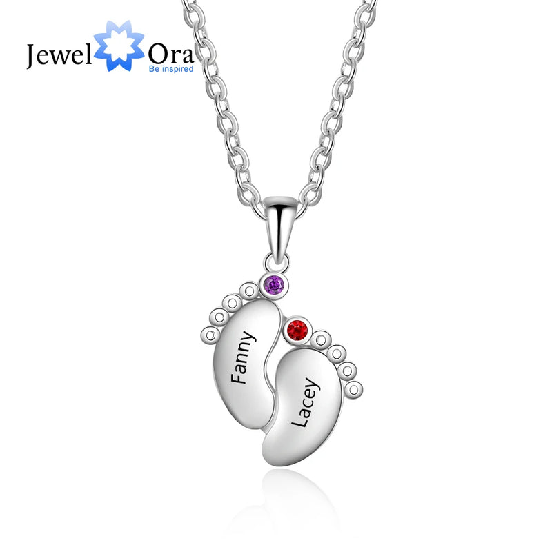JewelOra Name Necklace with 2 Birthstones - Baby Feet Engraved Necklace