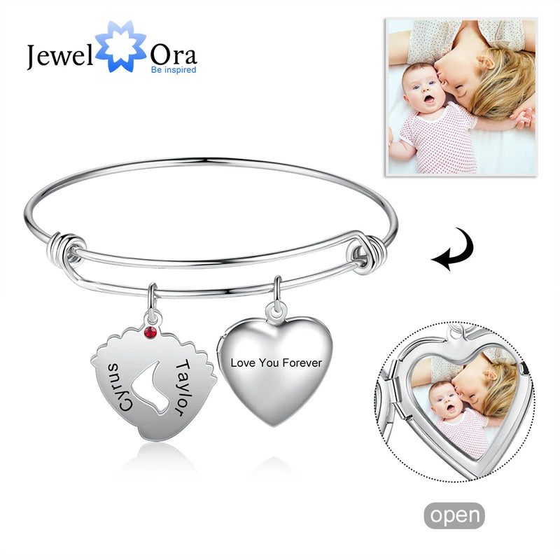 Custom Birthstone Heart Locket Bangle Bracelet with Engraving