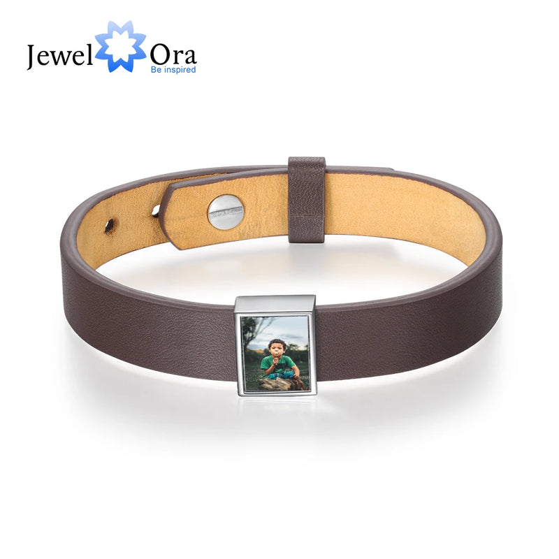 Custom Stainless Steel Photo Bracelet with Leather Charm for Women Men