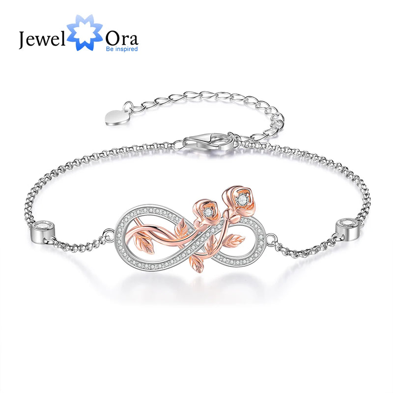 JewelOra Cubic Zirconia Infinity Bracelet with Rose Flower Chain