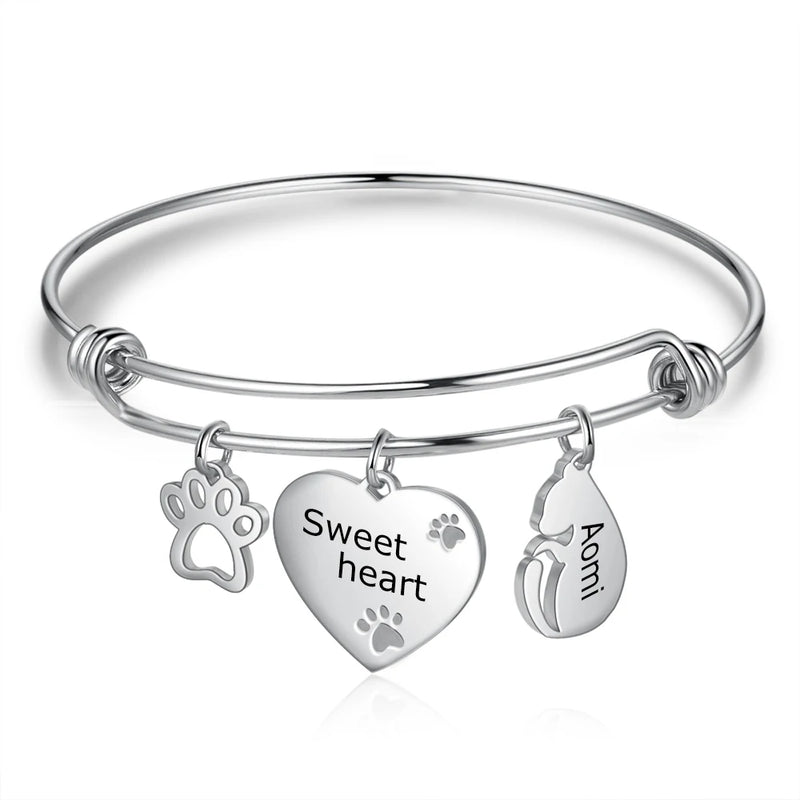 Engraved Name Bangles with Paw Bone Charms for Women