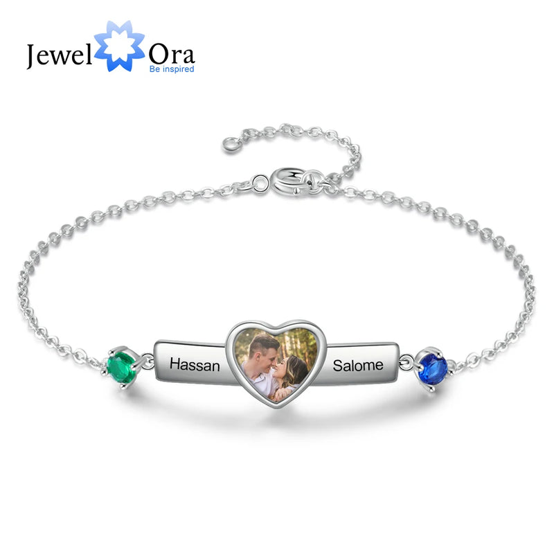 Personalized Name Bar Bracelet with Birthstone Heart