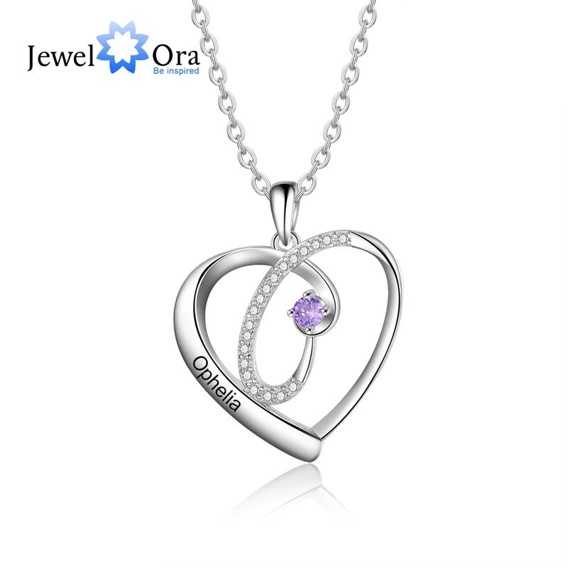Personalized Birthstone Necklace Heart Pendant Name Engraved Jewelry