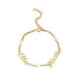 Personalized 2 Nameplate Bracelets with Pearl Name Letter Adjustable Chain