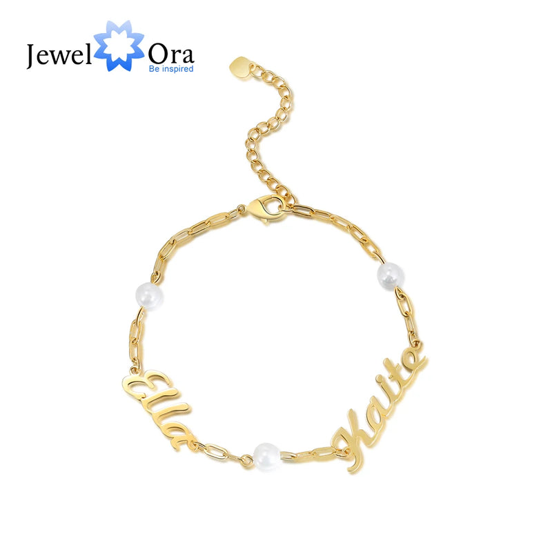 Personalized 2 Nameplate Bracelets with Pearl Name Letter Adjustable Chain