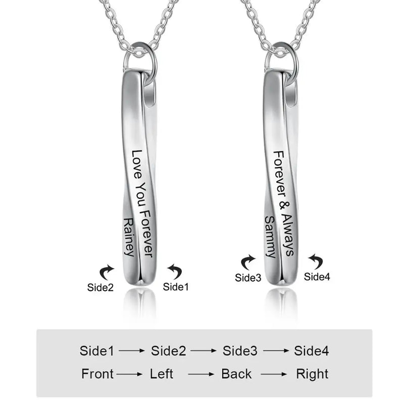 Custom 4 Sides Engraved Twisted Bar Necklace Stainless Steel Name Pendant