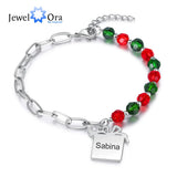 JewelOra Engraved Name Charm Bracelet Beaded & Link Chain Women