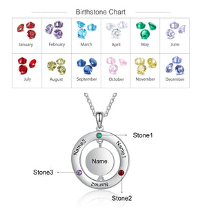 Personalized Family Tree Pendant with 3 Birthstones Name Engraved Necklace