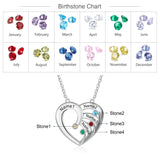Personalized Heart Necklace with 4 Birthstones & Engraved Family Name