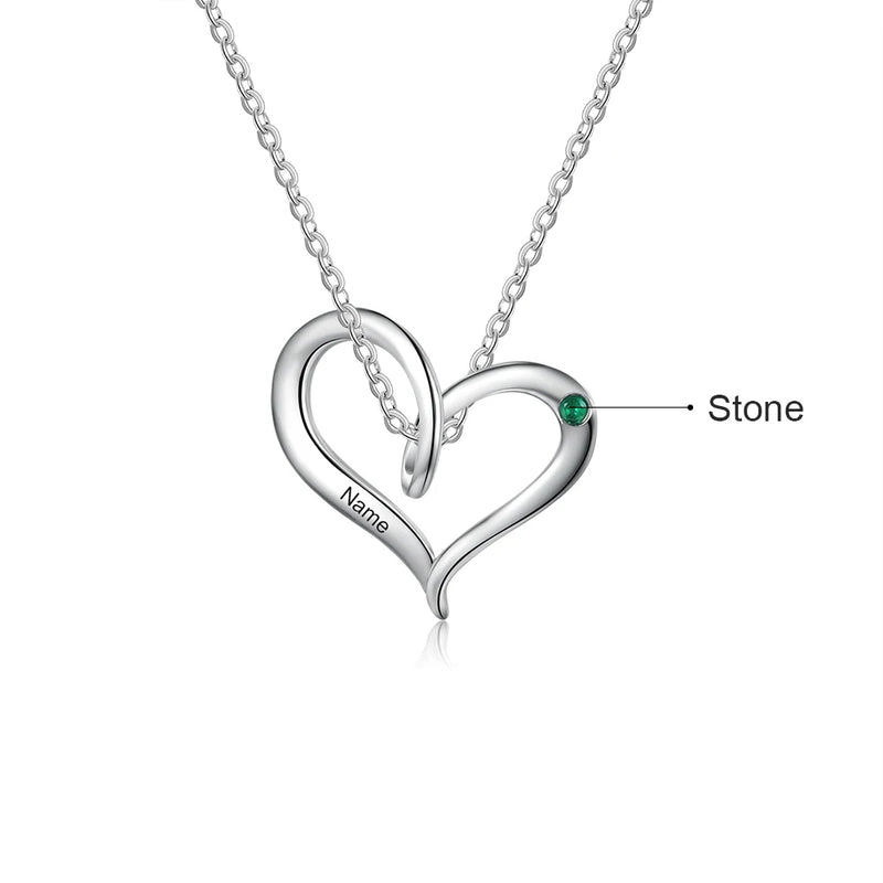 Custom Heart Birthstone Pendant Necklace with Name Engraving