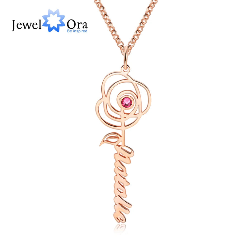 Personalized Name Rose Necklace Pendant with Birthstone Flower Jewelry