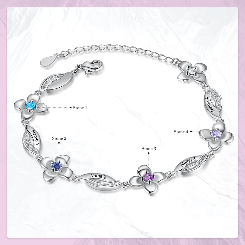 Personalized Flower Birthstone Bracelet with Name Engraving