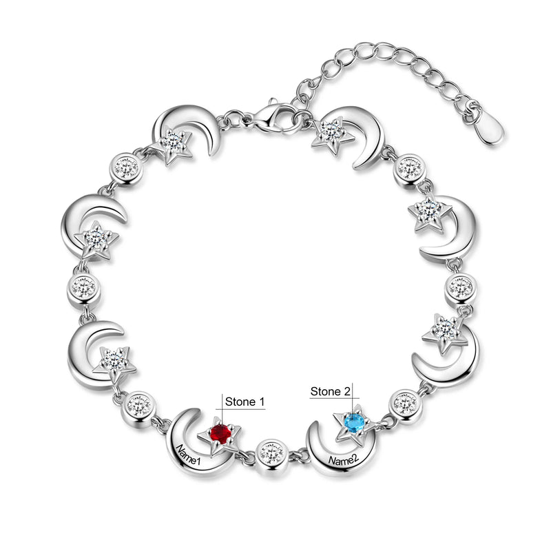 Personalized Birthstone Star Moon Chain Bracelet for Women with Name Engraving