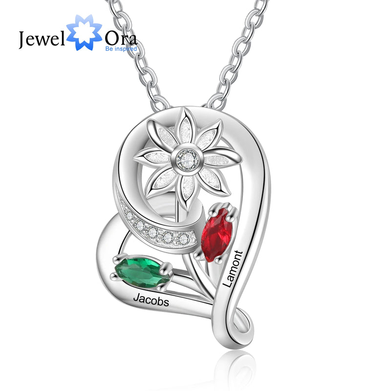 Sunflower Pendant with Name Engraving & Birthstone Hearts