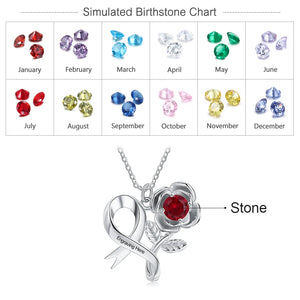 Personalized Birthstone Rose Flower Leaves Necklace Engraving Pendant