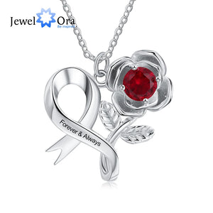Personalized Birthstone Rose Flower Leaves Necklace Engraving Pendant