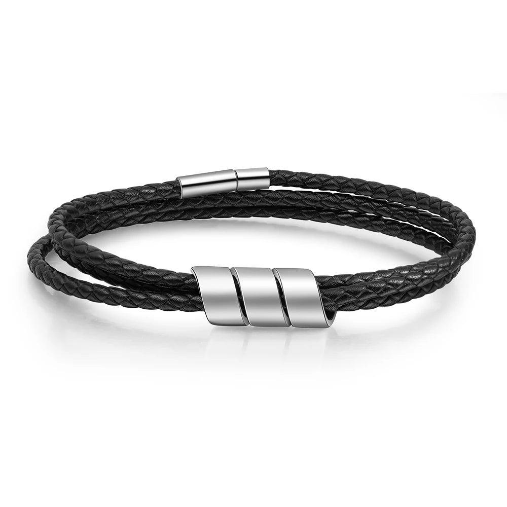 Personalized 3 Name Beads Engraved Bracelets for Men Vintage Leather Bracelets