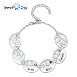 Personalized 3 Name Leaf Charm Bracelet with Birthstones for Women
