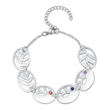 Personalized 3 Name Leaf Charm Bracelet with Birthstones for Women