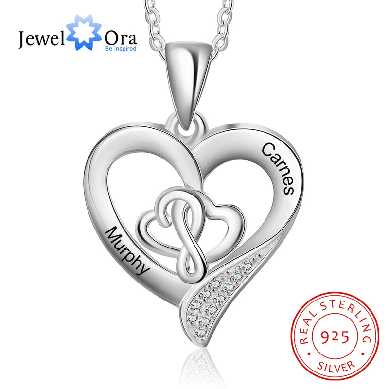JewelOra Personalized 925 Silver Heart Necklace with 2 Engraving Names