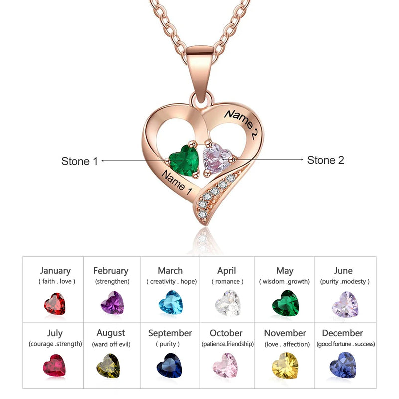 JewelOra Personalized Name Necklace with 2 Birthstones Heart Pendant