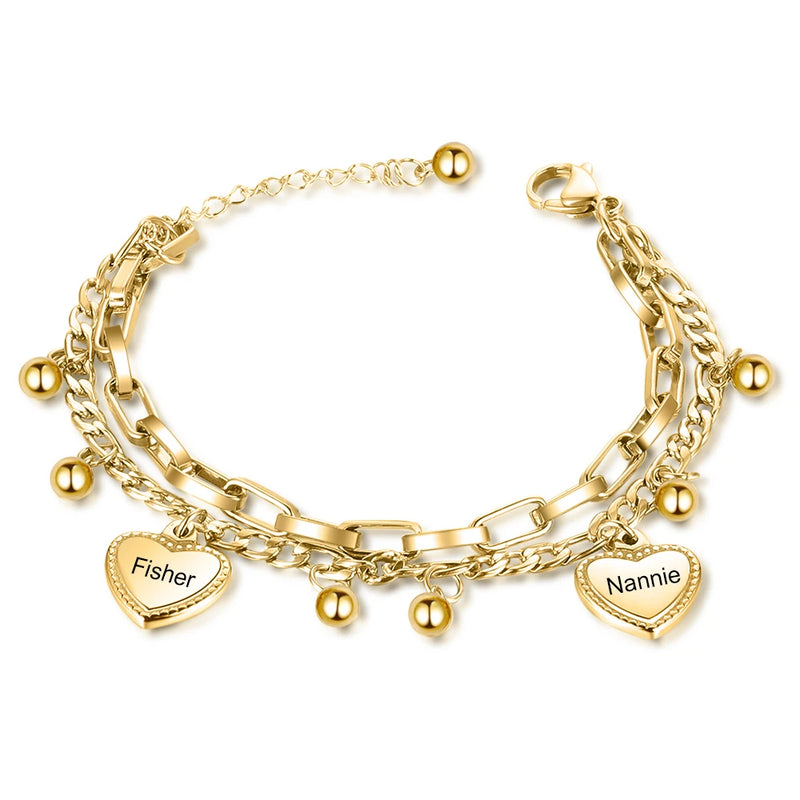 Personalized Beads & Heart Charm Bracelet for Women Stainless Steel Jewelry
