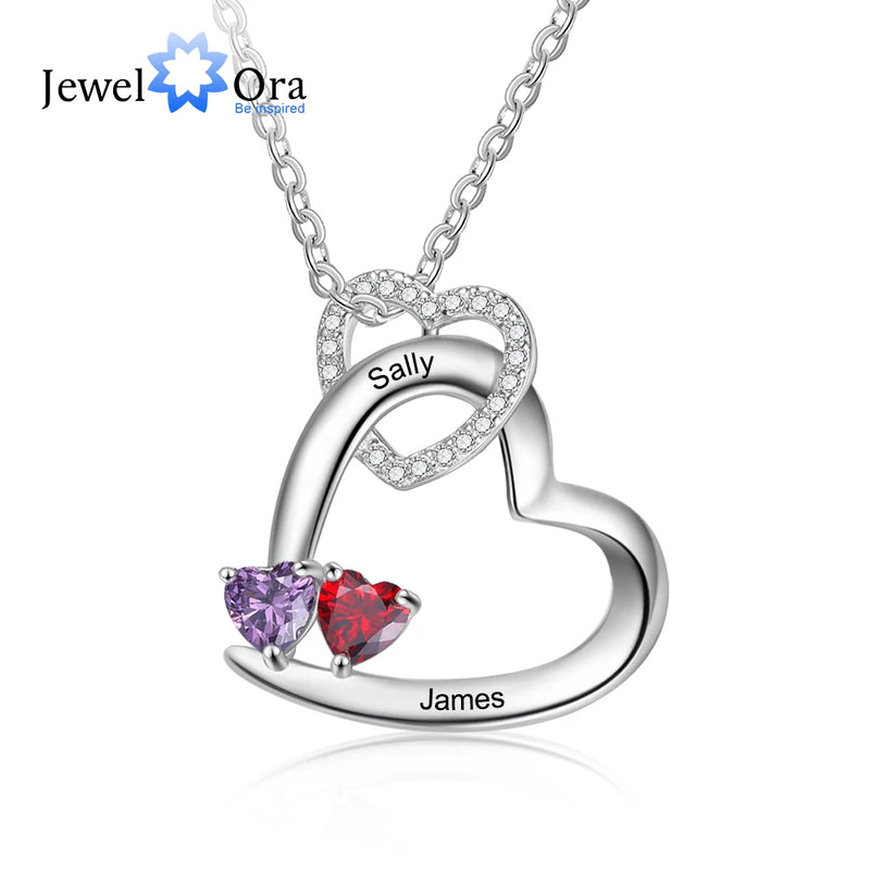 Personalized Birthstone Heart Pendant Necklace Engraving 2 Names Necklaces