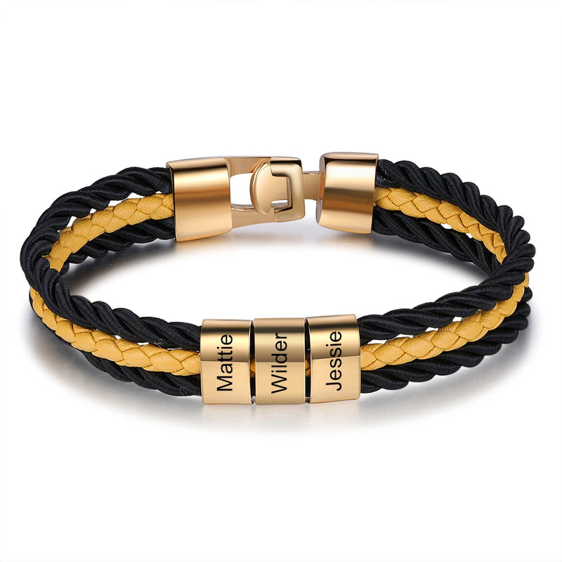 Personalized Leather Bracelet with Stainless Steel Beads