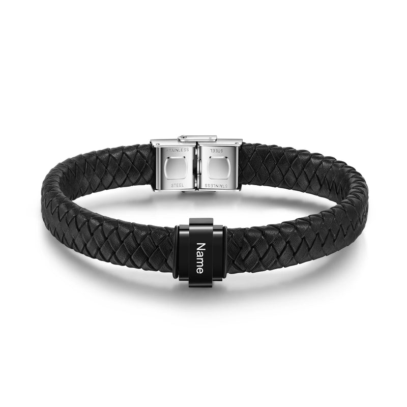 JewelOra Personalized Braided Leather Bracelet with Engraved Name for Men