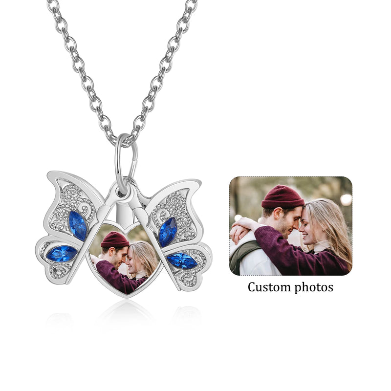 Personalized Butterfly Heart Necklace with Photo Locket Pendant