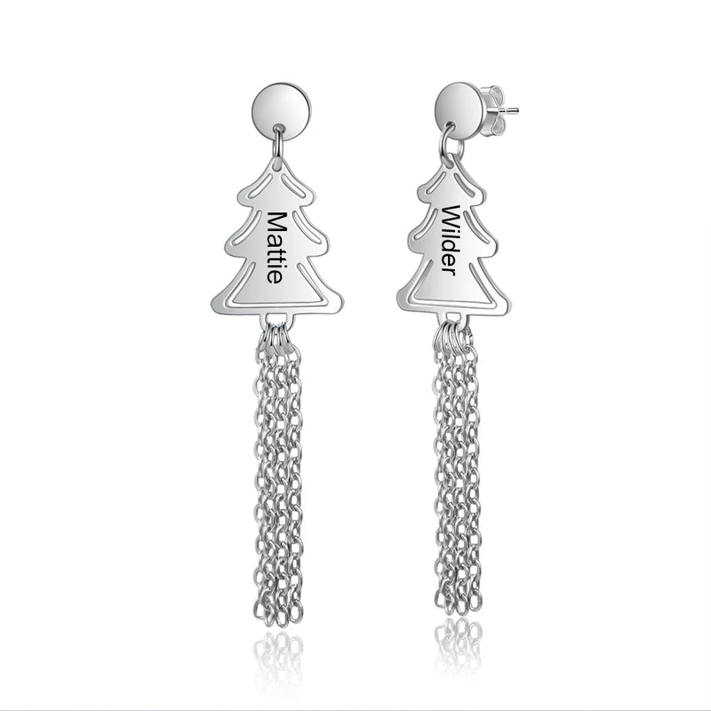 Personalized Christmas Tree Tassel Earrings Name Engraved Drop Earrings